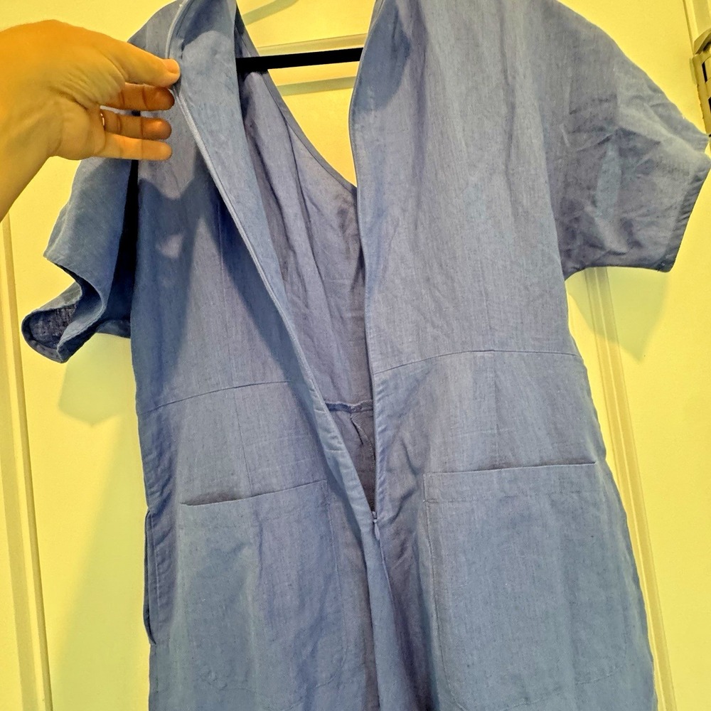 Adolfo Dominguez XL 100% Linen Wrap Jumpsuit Blue Wide Leg Tie Waist India Made - Picture 8 of 15